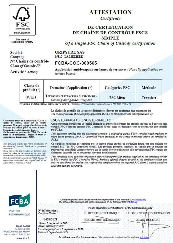 N° de chaine de contrôle FCBA COC 000565